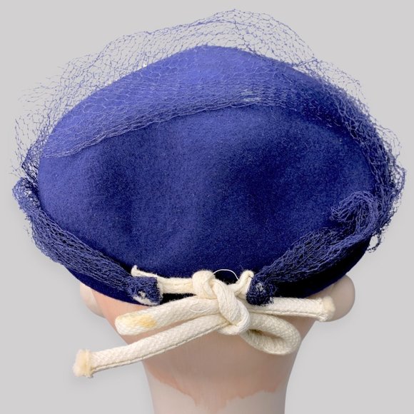 Vintage Blue Virgin Wool Felt Embroidered Beret Tam Cap Hat WWII main image 4
